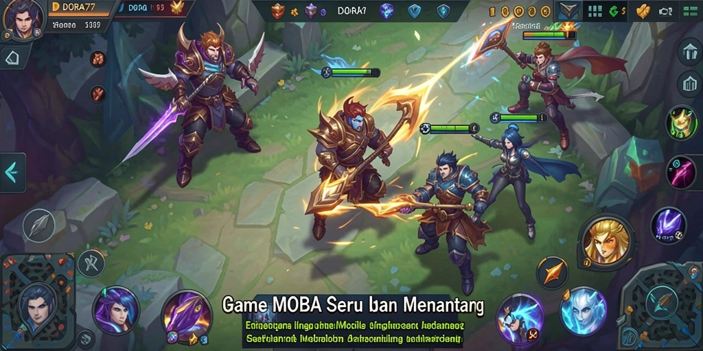 Screenshot gameplay DORA77 yang menunjukkan aksi pertempuran tim MOBA.
