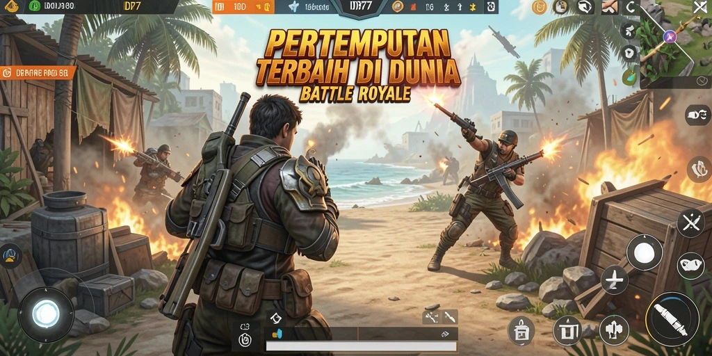 Tangkapan layar IDR77 menampilkan aksi pertempuran intens dalam arena Battle Royale.