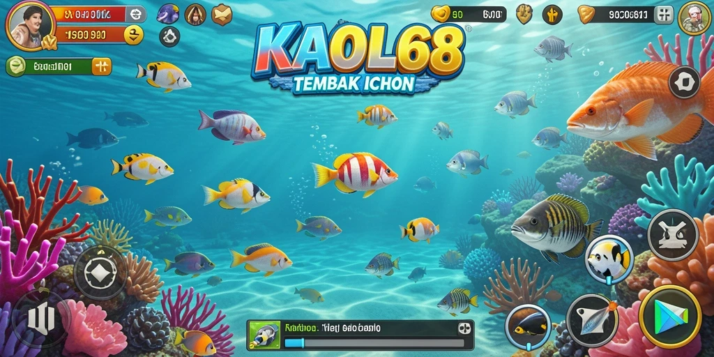 Screenshot gameplay KAOL68 menunjukkan keseruan menembak ikan berwarna-warni.