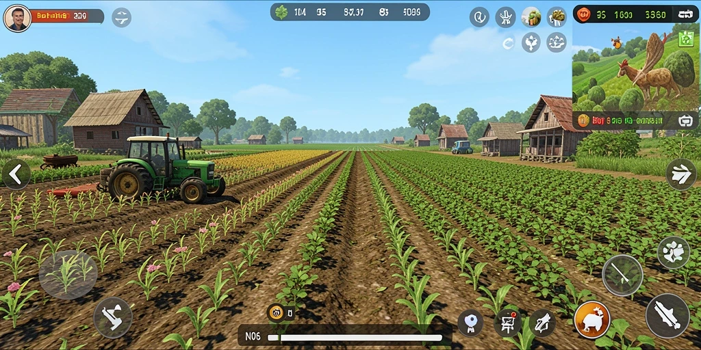 Gameplay menarik di ladang dengan tanaman hijau subur.