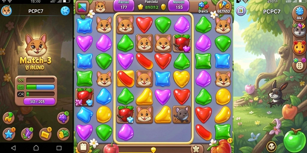 Screenshot gameplay PCPC7 dengan elemen warna-warni yang ceria.
