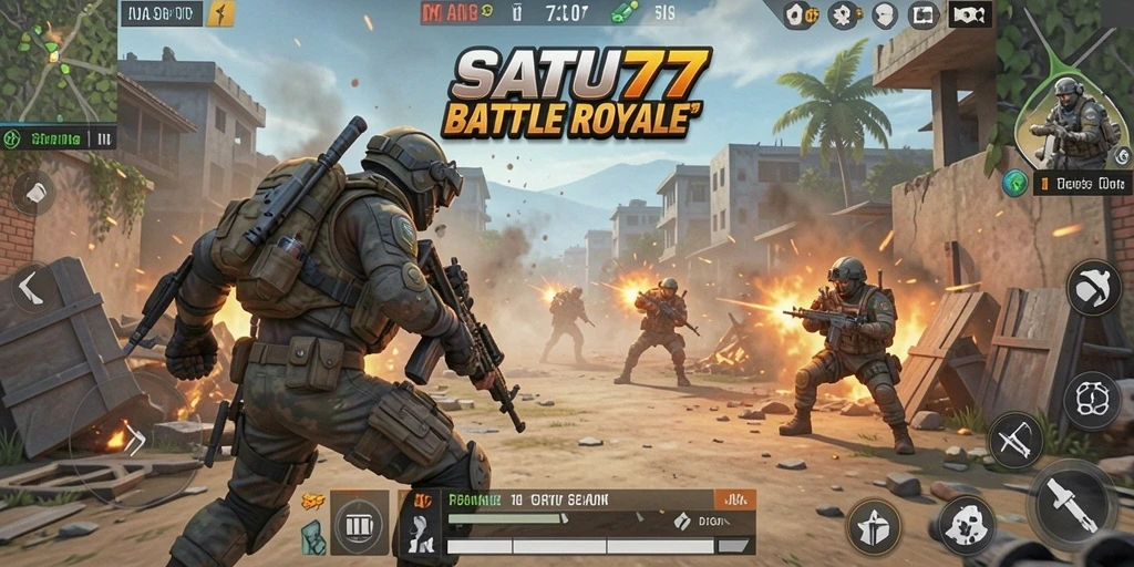 Tampilan gameplay intens di SATU77 dalam mode Battle Royale.